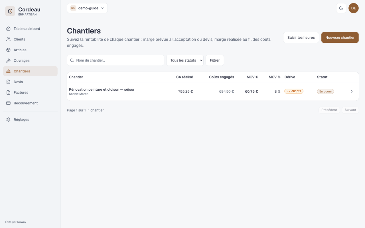 Interface de Cordeau, l'ERP de gestion pour artisans du bâtiment