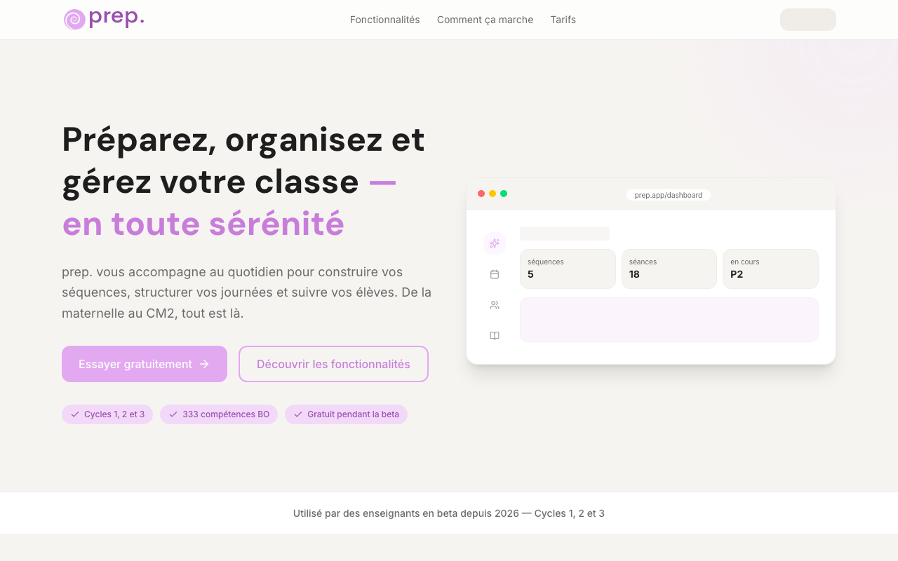 Interface de l'application SaaS prep. pour enseignants du primaire